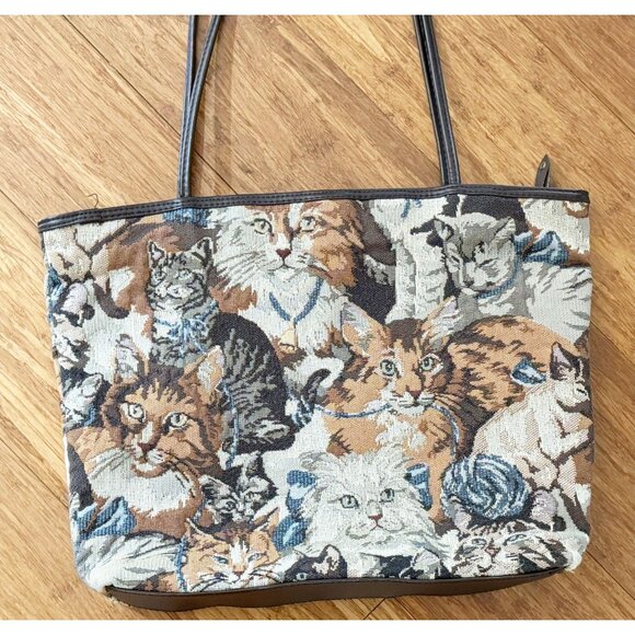 Vintage ACCESSORY WORKS Tapestry Cat Kitten Bag Purse Tote 80s / 90s - Picture 3 of 5